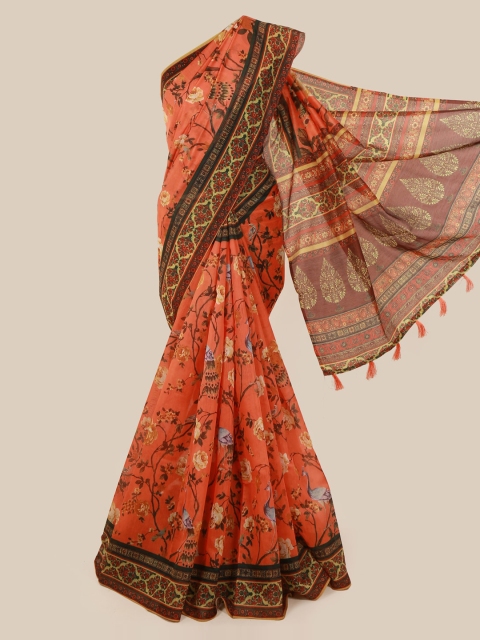 

Pothys Orange & Yellow Cotton Blend Printed Chanderi Saree