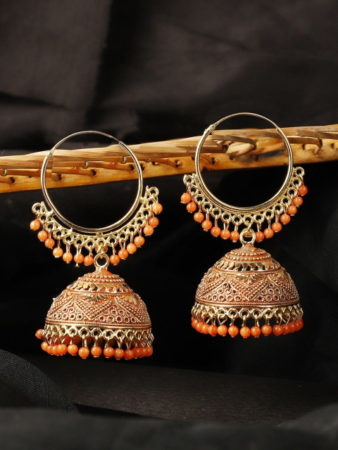 

ANIKAS CREATION Gold-Plated Peach-Coloured Dome Shaped Jhumkas