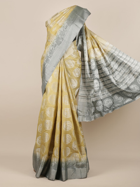 

Pothys Mustard Yellow & Green Woven Design Jute Silk Saree