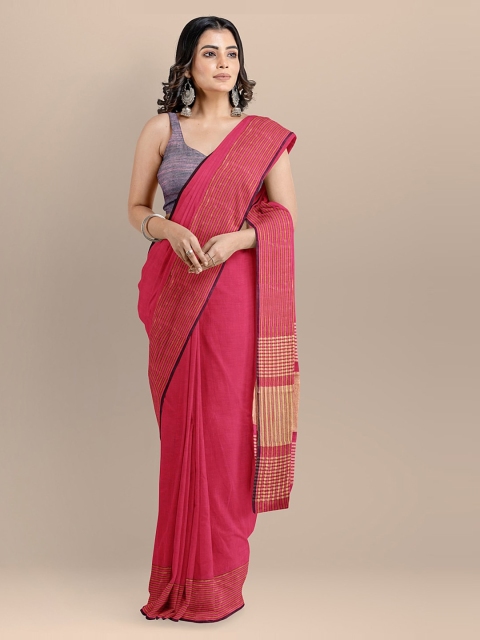 

BharatSthali Pink Pure Cotton Solid Maheshwari Handloom Saree