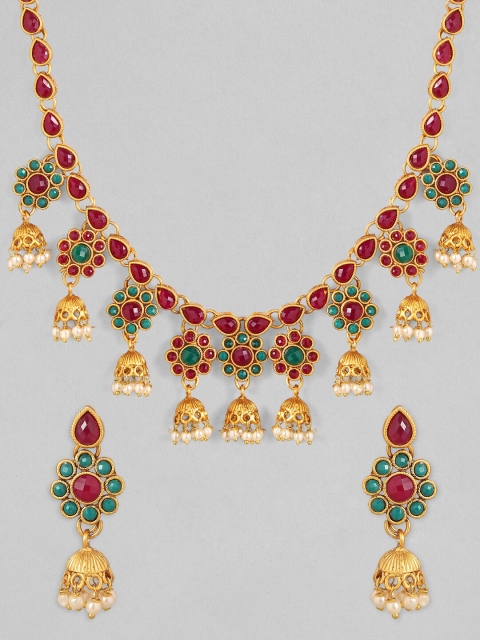 

Rubans 24K Gold-Plated Pink & Green Stone Studded Jhumka Jewellery Set