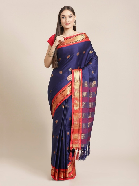 

Mitera Navy Blue & Red Pure Silk Woven Design Banarasi Saree