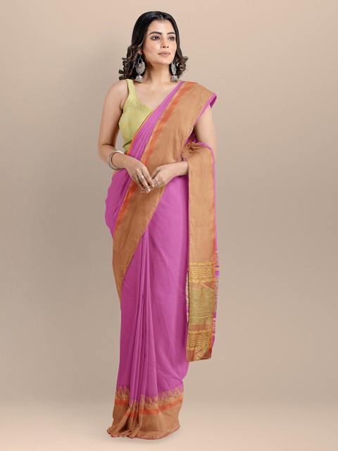 

BharatSthali Pink Pure Cotton Solid Maheshwari Saree