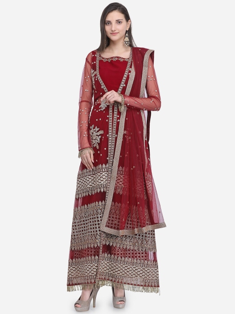 

Stylee LIFESTYLE Maroon & Silver Net Semi-Stitched Dress Material