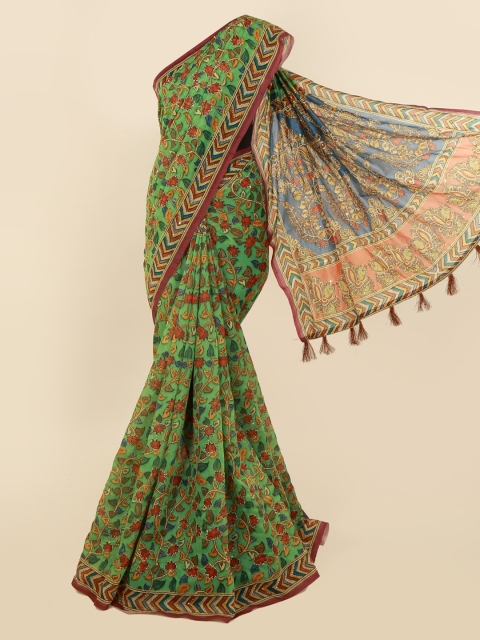 

Pothys Green & Maroon Cotton Blend Printed Chanderi Saree