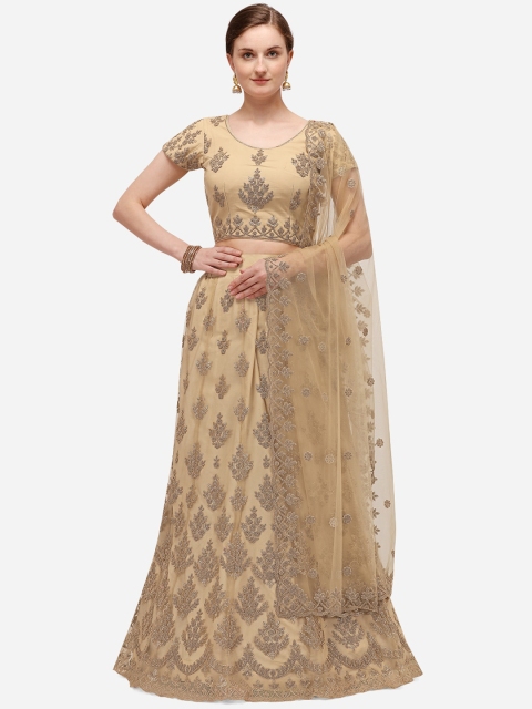 

NAKKASHI Beige & Gold-Toned Embroidered Semi-Stitched Lehenga & Blouse with Dupatta