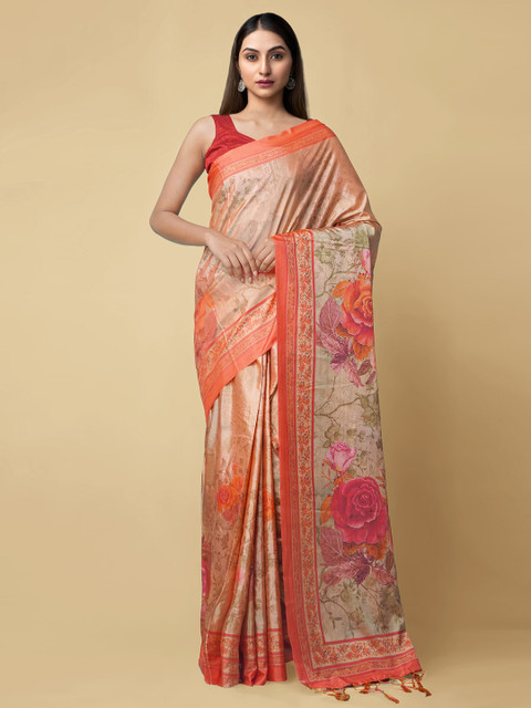 

Unnati Silks Orange & Pink Pure Silk Printed Block Print Saree With Tasseled Pallu