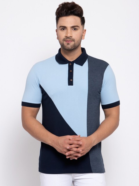 

Kalt Men Turquoise Blue Colourblocked Polo Collar T-shirt