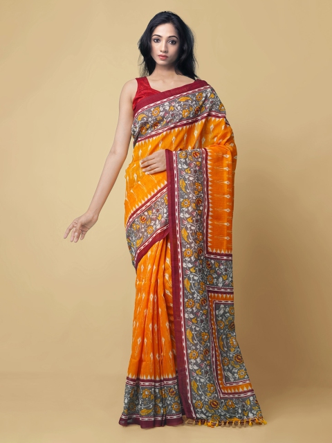 

Unnati Silks Orange Pure Silk Printed Ikat Saree