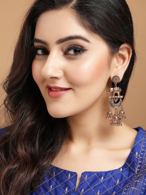 

Rubans Gold Plated Oxidised Handcrafted Elephant Multi Jhumka Earrings