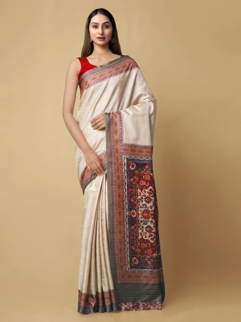 

Unnati Silks Cream-Coloured & Brown Pure Silk Solid Block Print Saree