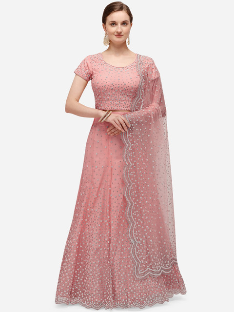 

NAKKASHI Pink & Silver-Toned Embroidered Semi-Stitched Lehenga & Blouse with Dupatta