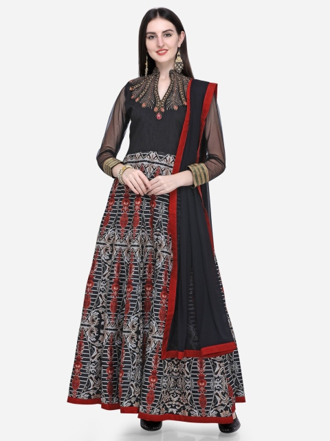 Stylee LIFESTYLE Black & Red Art Silk Semi-Stitched Dress Material