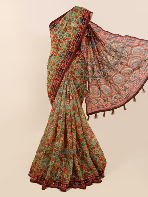 

Pothys Green & Brown Cotton Blend Printed Chanderi Saree