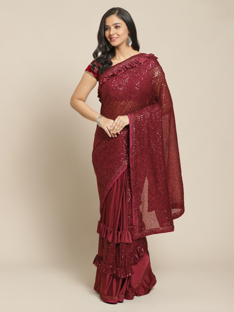 

Chhabra 555 Burgundy Embellished Poly Georgette Saree