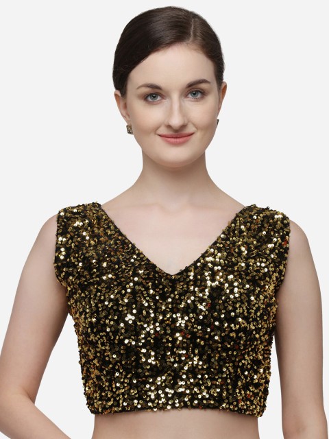 

Fab Dadu Women Black & Gold-Toned Sequin Embellished Velvet Saree Blouse