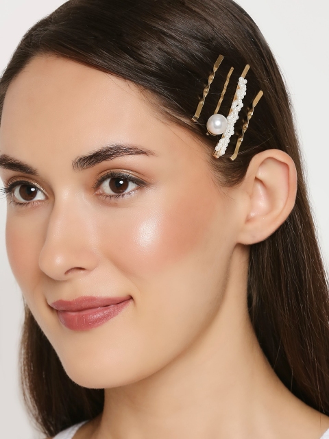 

OOMPH Gold-Toned & White Set of 3 Embellished Tic Tac Hair Clip
