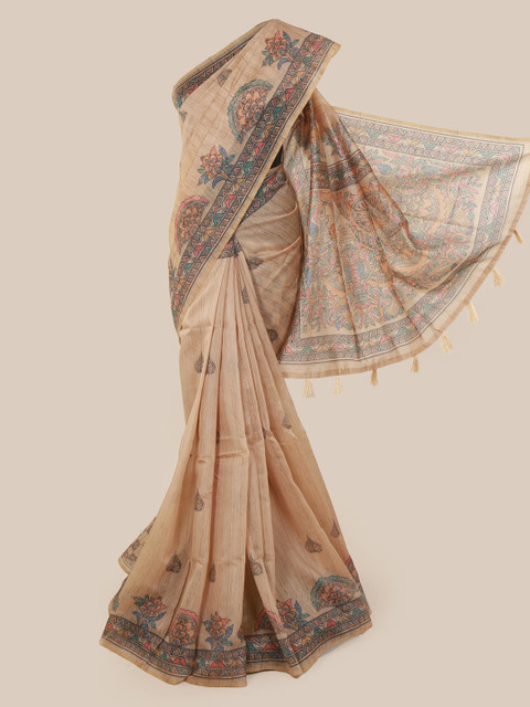 

Pothys Cream-Coloured & Black Cotton Blend Printed Chanderi Saree