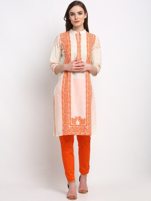 

Friskers Women Cream-Coloured & Orange Ethnic Motifs Printed Kurta