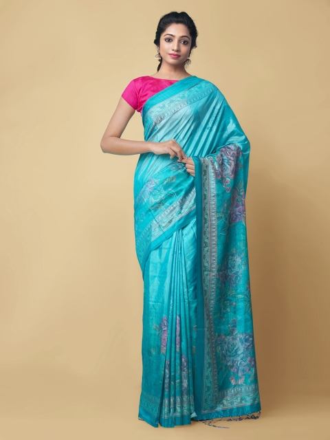 

Unnati Silks Blue Pure Silk Woven Design Block Print Saree