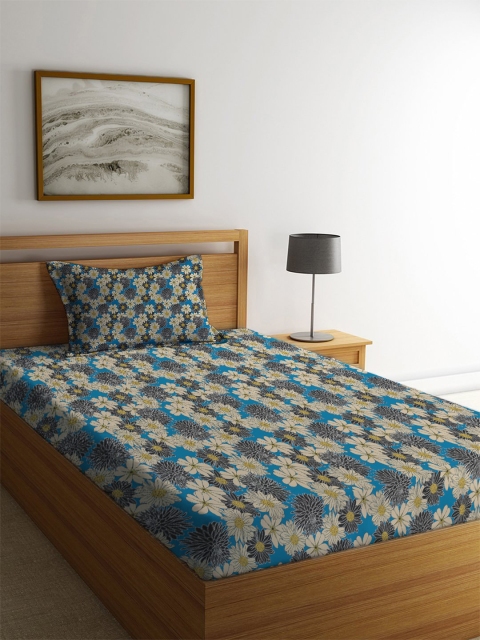 

MAYFAIR HOMES LONDON Blue & Cream-Coloured Floral 104 TC Cotton 1 Single Bedsheet with 1 Pillow Covers