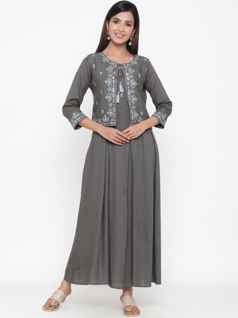 

kipek Women Grey Floral Embroidered Thread Work Anarkali Kurta