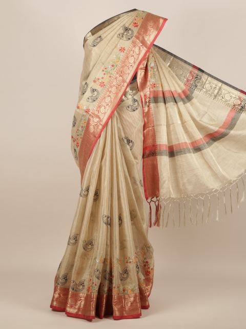 

Pothys Cream-Coloured Embroidered Silk Cotton Saree