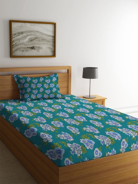 

MAYFAIR HOMES LONDON Green & Purple Floral 104 TC Cotton 1 Single Bedsheet with 1 Pillow Covers