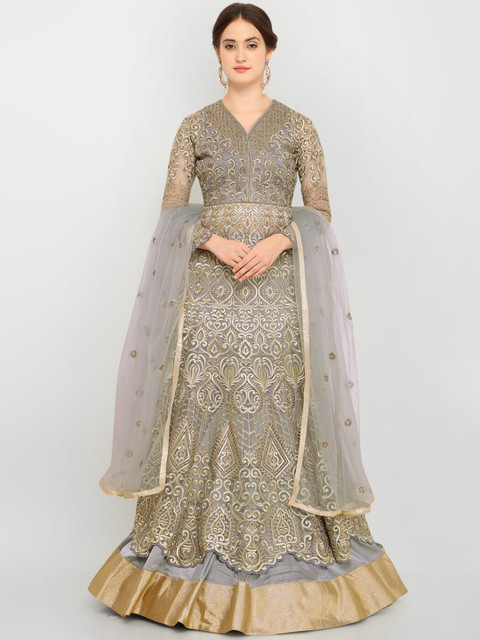 

Stylee LIFESTYLE Grey & Gold-Toned Embroidered Net Semi-Stitched Dress Material