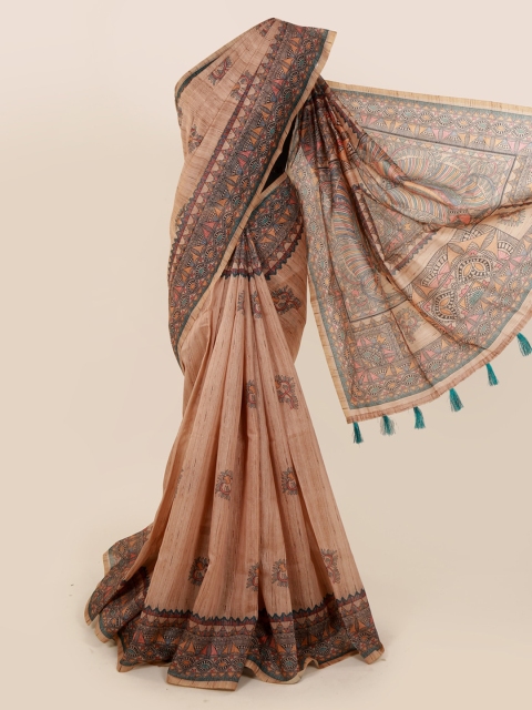 

Pothys Beige & Black Cotton Blend Printed Chanderi Saree
