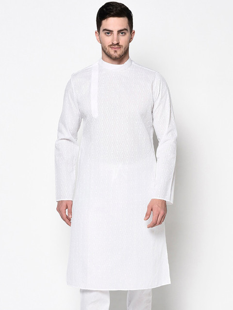

LAMAAYA Men White Woven Design Kurta Churidar Set