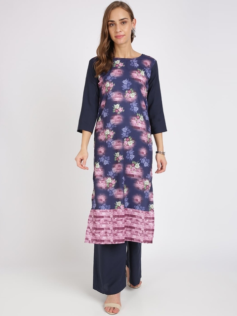 

Florence Women Navy Blue Floral Printed Straight Kurta
