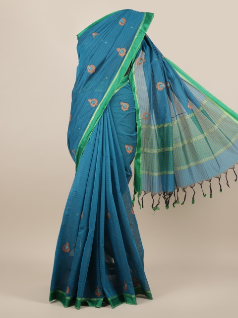 

Pothys Blue & Green Silk Cotton Embroidered Saree
