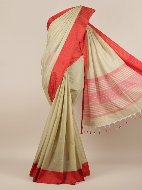 

Pothys Cream-Coloured & Red Silk Cotton Solid Saree