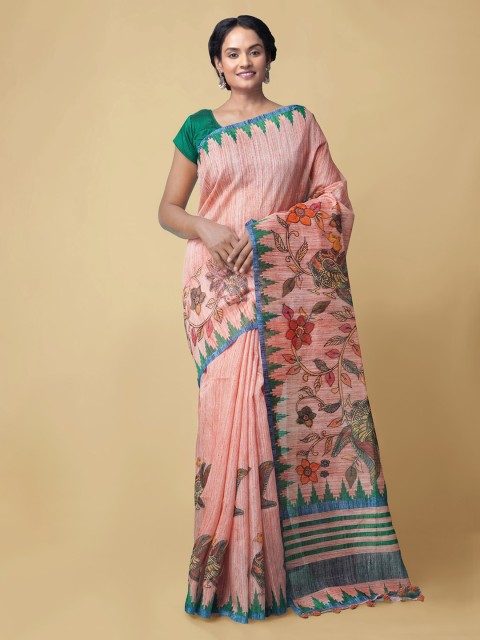

Unnati Silks Pink & Red Silk Cotton Printed Chanderi Saree