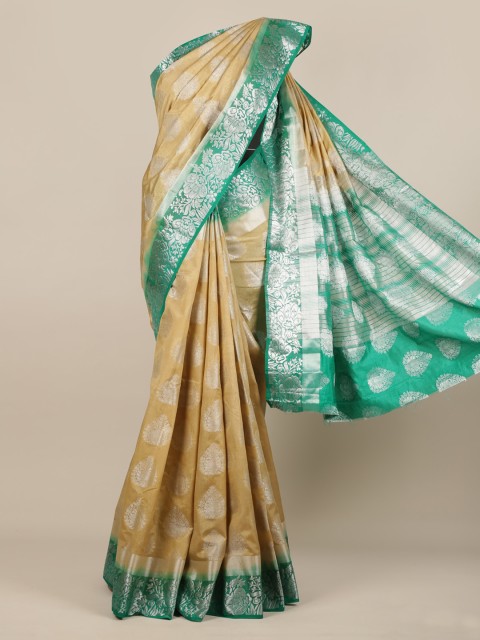 

Pothys Cream-Coloured & Green Jute Silk Woven Design Saree