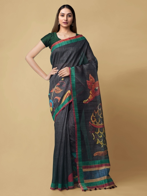 

Unnati Silks Navy Blue Silk Cotton Kalamkari Printed Chanderi Saree