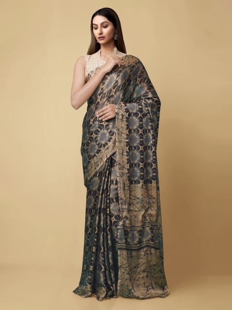 

Unnati Silks Black & Brown Pure Georgette Printed Murshidabad silk Saree