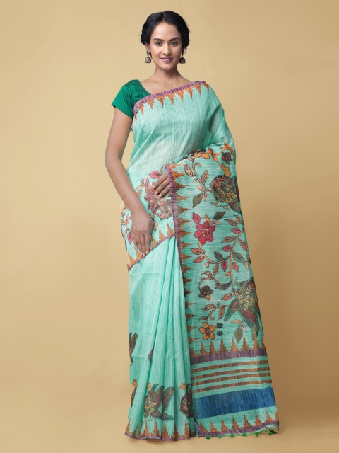 

Unnati Silks Sea Green Kalamkari Printed Chanderi Saree