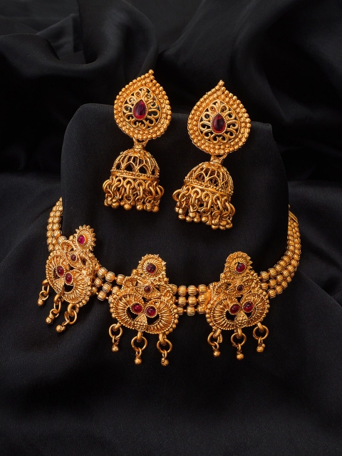 

aadita Gold-Plated Pink Stone-Studded & Beaded Tribal Jewellery Set