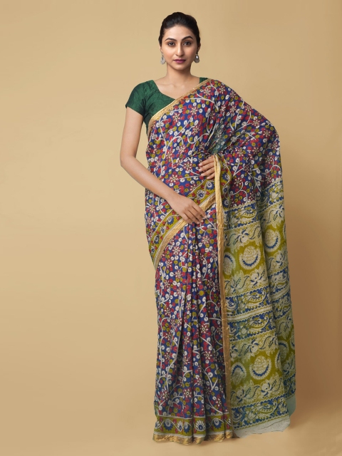

Unnati Silks Navy Blue & Beige Pure Cotton Printed Kanjeevaram Handloom Saree