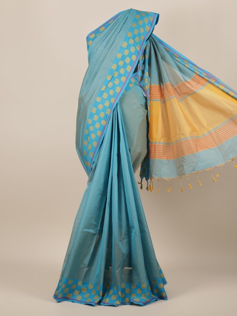 

Pothys Blue Solid Silk Cotton Saree With Tasseled Pallu