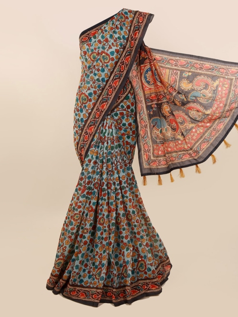 

Pothys Blue & Red Cotton Blend Printed Chanderi Saree