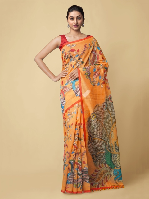 

Unnati Silks Orange & Yellow Silk Cotton Printed Chanderi Saree