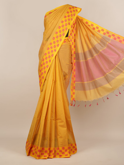 

Pothys Yellow & Pink Silk Cotton Solid Saree