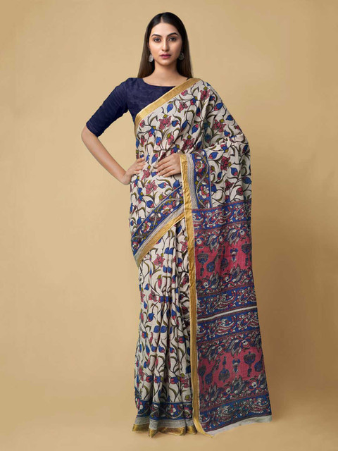 

Unnati Silks Cream-Coloured & Navy Blue Pure Cotton Printed Kanjeevaram Handloom Saree