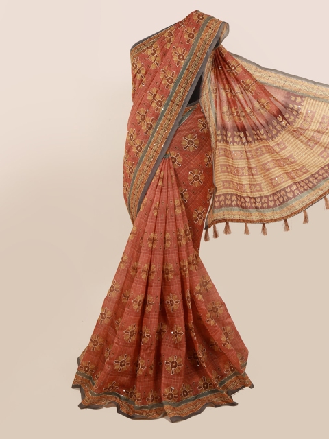 

Pothys Peach-Coloured & Beige Cotton Blend Printed Chanderi Saree