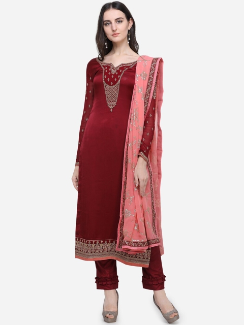 

Stylee LIFESTYLE Maroon & Peach-Coloured Satin Semi-Stitched Dress Material
