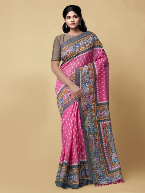 

Unnati Silks Pink Pure Silk Printed Ikat Saree