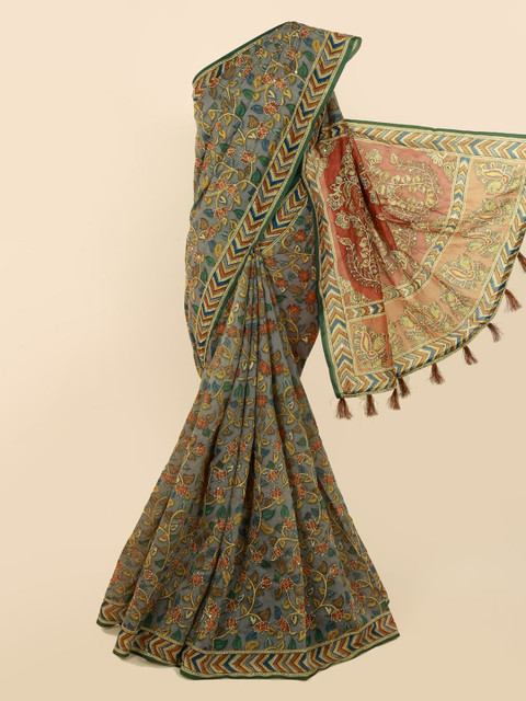 

Pothys Grey & Olive Green Cotton Blend Printed Saree